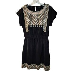 Madewell Top M  Black Embroidered Folk Boho  Side Zip  Short Sleeve‎